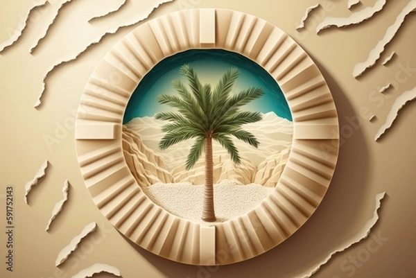 Fototapeta paper cut palm tree in a desert landscape. Generative AI