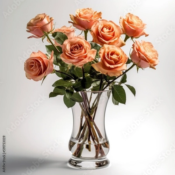 Fototapeta Elevated Elegance: Summer Roses Flowers in a Tall Slim Vase, Isolated on White Background - Generative AI