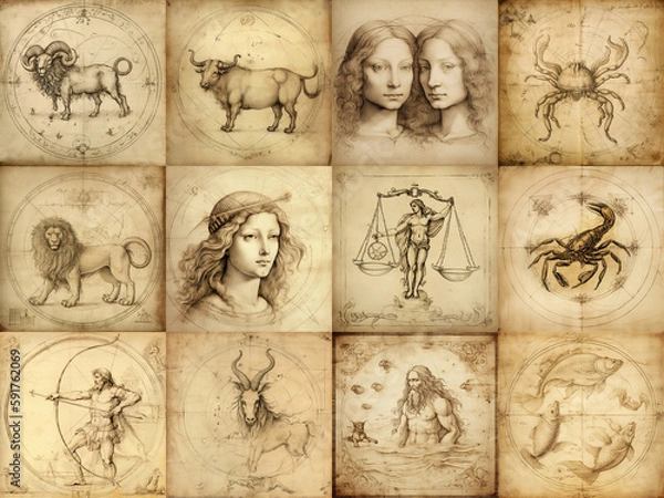 Fototapeta Set of zodiac signs icons. Aries, Leo, Gemini, Taurus, Scorpio, Aquarius, Pisces, Sagittarius, libra, Virgo, Capricorn, and Cancer. Generative AI