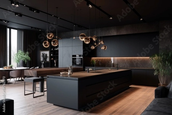 Fototapeta A modern, spacious apartment with a fashionable decor of a luxurious kitchen, LED lighting, an island for cooking and dining. Generative Ai