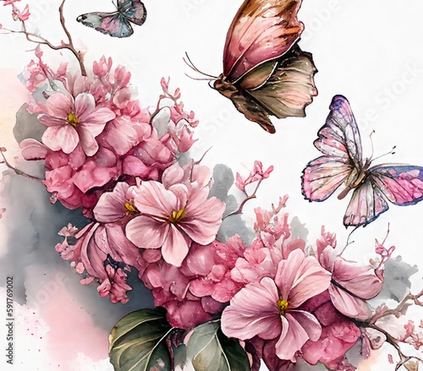 Fototapeta Watercolor Botanical Butterflies Generative AI