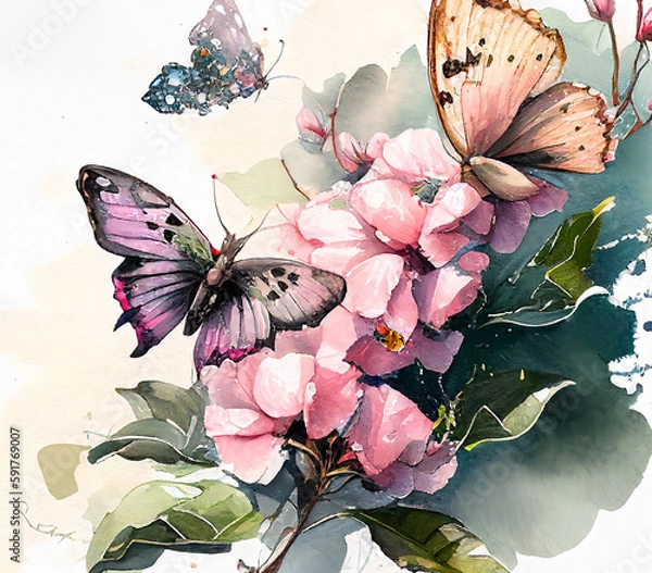 Fototapeta Watercolor Botanical Butterflies Generative AI