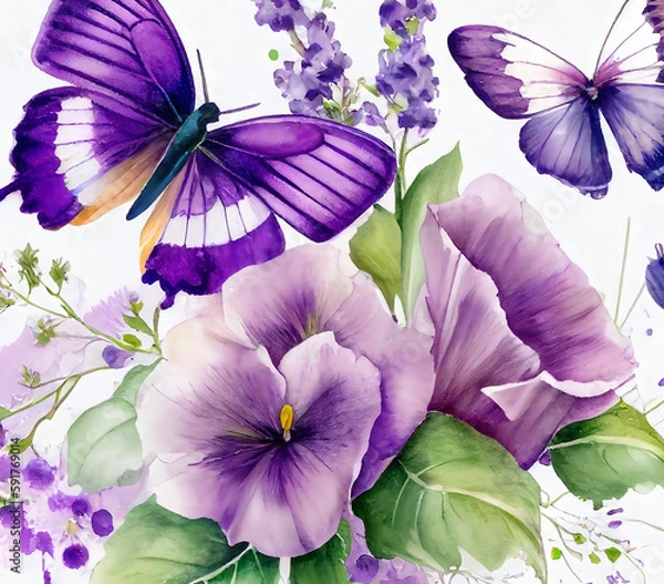 Fototapeta Watercolor Botanical Butterflies Generative AI