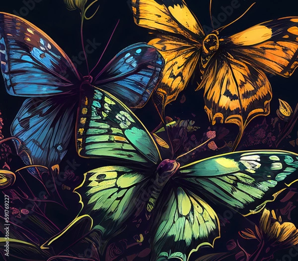 Fototapeta Contrast, vibrant rainbow Butterflies Generative AI