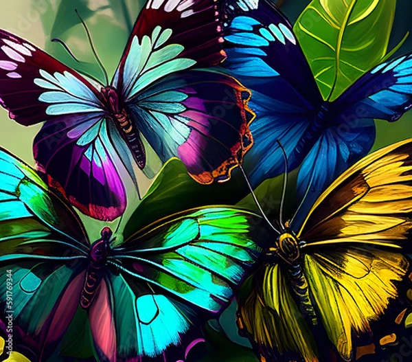 Fototapeta Contrast, vibrant rainbow Butterflies Generative AI