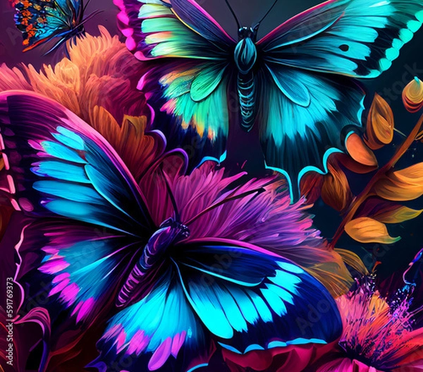 Fototapeta Contrast, vibrant rainbow Butterflies Generative AI