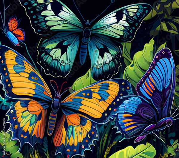 Fototapeta Contrast, vibrant rainbow Butterflies Generative AI