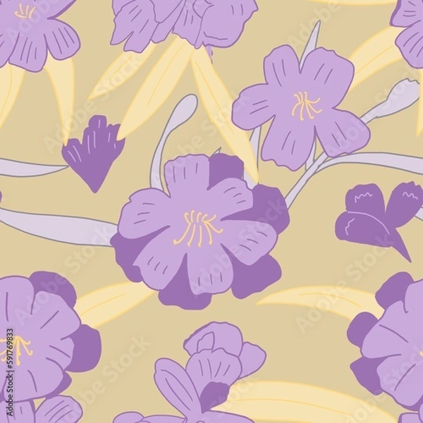Obraz Seamless pattern with lilac flowers on yellow background