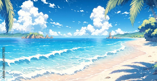 Obraz sandy beach with crystal clear waters, anime style