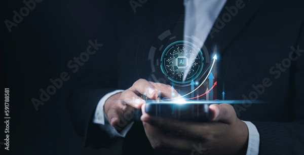 Fototapeta Koncepcja rozwoju biznesu. Biznesmen korzystający z AI, Global Business Network, analizy danych finansowych i bankowości, sztucznej inteligencji, zapasów, strategii biznesowej, połączenia technologii i danych, bezpieczeństwa, sieci.