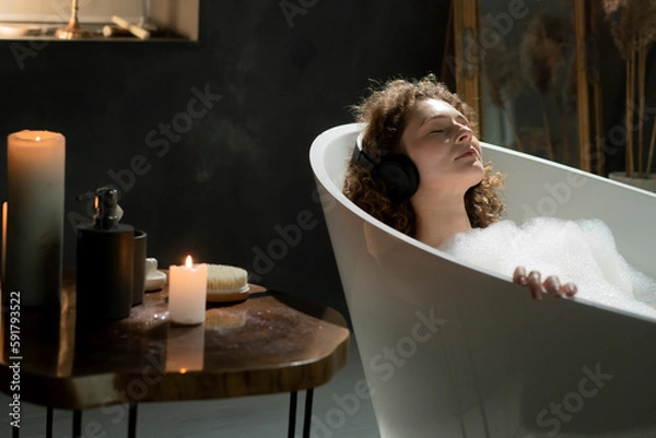 Fototapeta Photo of a beautiful woman who lies in the bath with her eyes closed and listens to music through wireless headphones. A young woman relaxes in a bath with aromatic candles and listens to music on