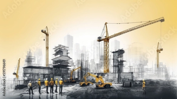 Fototapeta Silhouettes of construction workers against a background of cranes and buildings under construction. Illustration. Generative AI