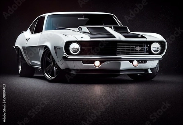 Fototapeta White tuned muscle car on black background. Generative AI