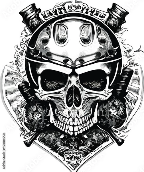 Fototapeta Artwork illustration and t-shirt design skull motorcycle engraving ornament on white background