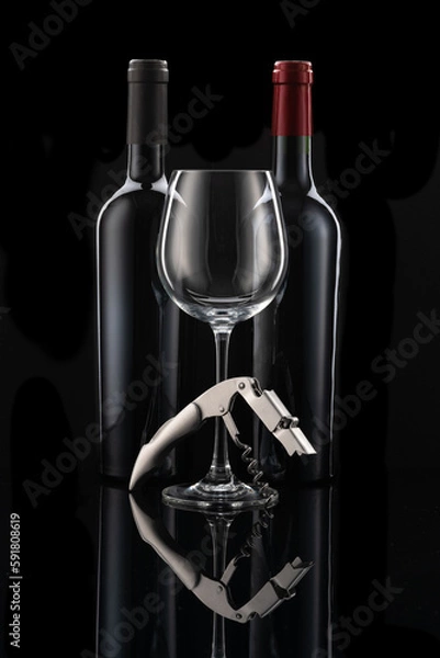 Fototapeta Two wine bottles next to each other, a wine glass and wine cutlery in front of a black background