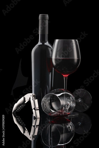 Fototapeta Glass of red wine with bottle and wine cutlery in front of black background