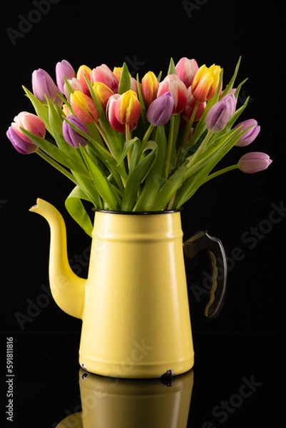 Fototapeta Colourful Bouquet of Tulips in a Yellow Enamel Pot in front of a black background