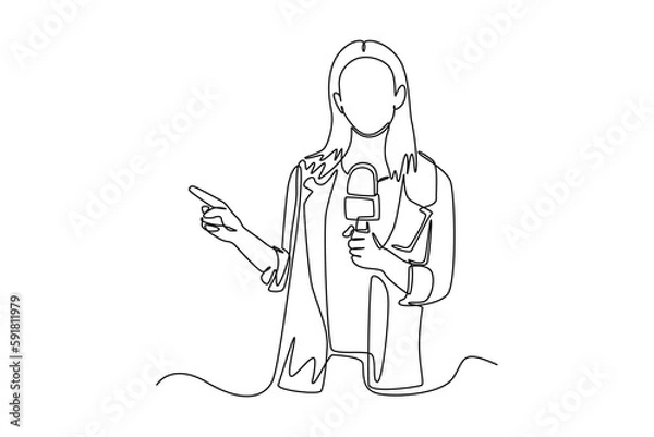 Fototapeta Continuous one line drawing happy anchor woman holding mic with reporting news. News anchor concept. Single line draw design vector graphic illustration.
