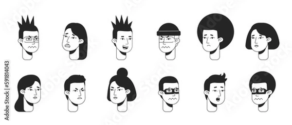 Fototapeta People with different facial expressions monochromatic flat vector character faces pack. Black white avatar icons. Editable cartoon portraits. Hand drawn spot illustrations for web graphic design