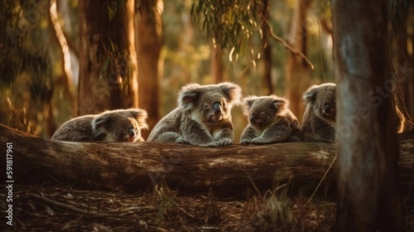Fototapeta Group of koalas sleeping on eucalyptus trees. Generative AI
