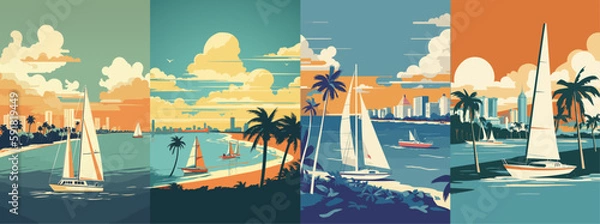 Fototapeta Set of bay landscape at sunset vector illustration