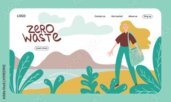 Obraz Zero waste internet shop concept. Landing page template. Web banner. Girl with eusable bag. Eco life.