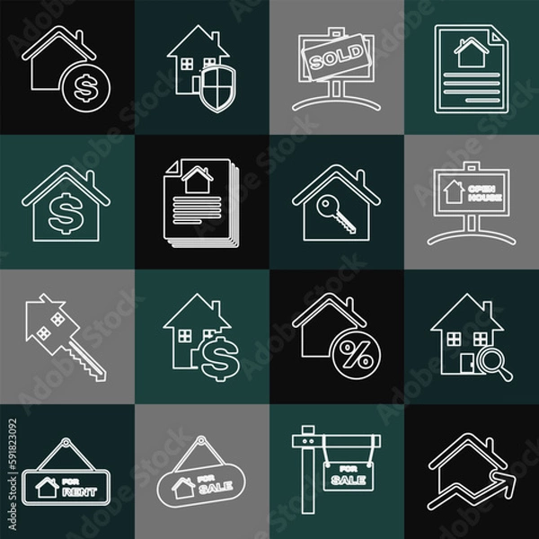 Fototapeta Set line Rising cost of housing, Search house, Hanging sign with Open, Sold, House contract, dollar, and key icon. Vector