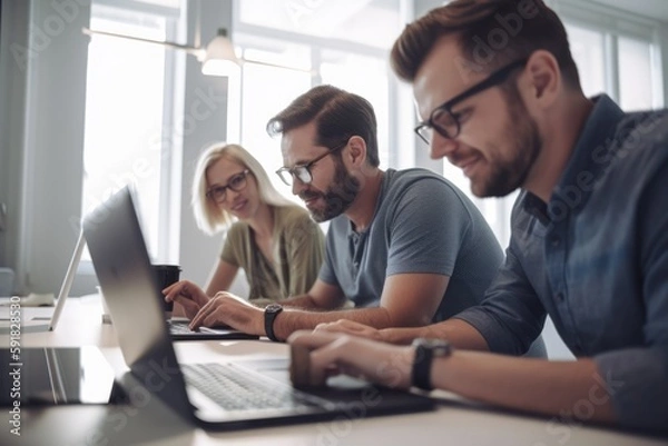 Obraz Happy young caucasian colleagues at laptops in casual office, created using generative ai technology