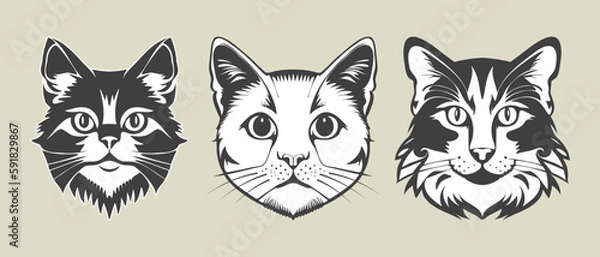 Fototapeta Vector set of cute monochrome cat faces. Feline stickers, icons or badges. Isolated background.