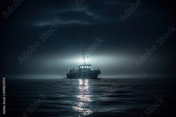 Fototapeta Boat at night on the sea with fog. AI generated.