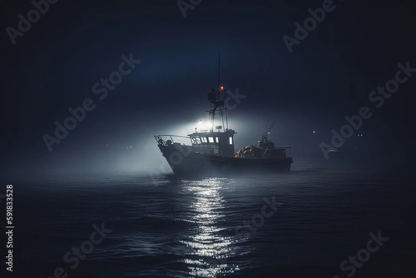 Fototapeta Boat at night on the sea with fog. AI generated.