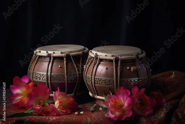 Fototapeta A tabla is a pair of twin hand drums from the Indian subcontinent, that are somewhat similar in shape to the bongos. Ai generated.
