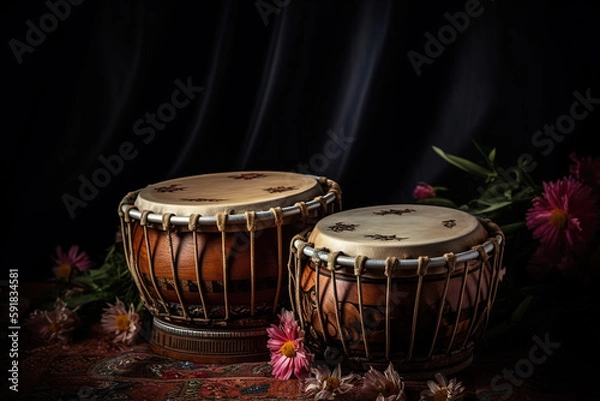 Fototapeta A tabla is a pair of twin hand drums from the Indian subcontinent, that are somewhat similar in shape to the bongos. Ai generated.