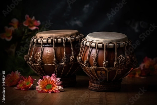 Fototapeta A tabla is a pair of twin hand drums from the Indian subcontinent, that are somewhat similar in shape to the bongos. Ai generated.