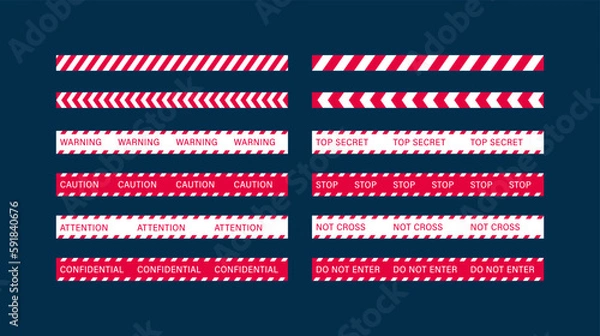 Obraz Safety ribbon symbol. Vector color illustration set. Red and black restriction line seamless tape with warning, caution, attention, confidential, not cross text. Top secret sign.
