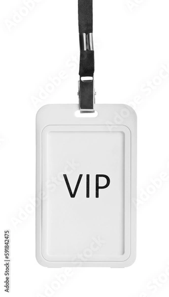 Fototapeta Plastic VIP badge with black ribbon hanging on white background