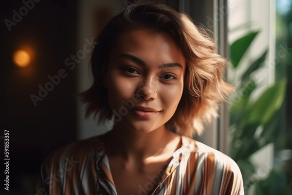 Fototapeta young adult woman multi-ethnic tanned asian looking woman at home indoor with garden view on a sunny day , with a smile. Generative AI