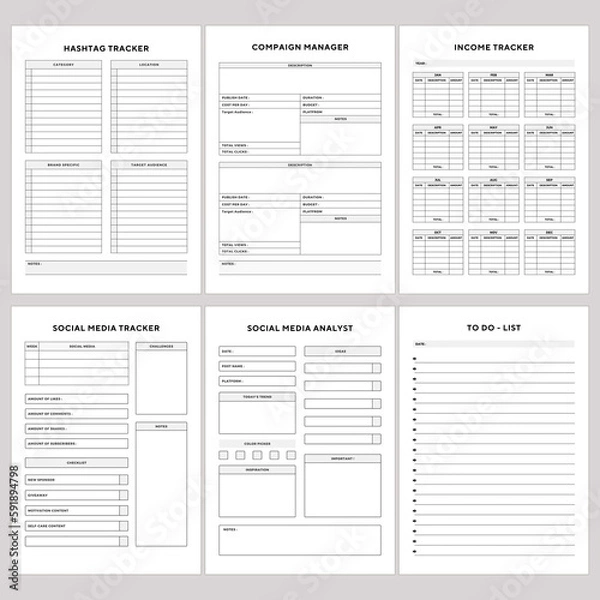 Fototapeta Minimalist planner pages templates. Printable Life & Business Planner Set. hashtag tracker, compaign manager, income tracker, social media tracker, Social Media Analyst, to do - list,