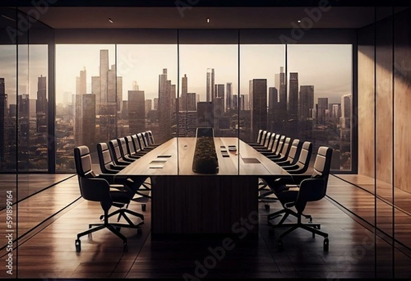 Obraz Front view on huge light wooden meeting table surrounded by office chairs on concrete floor in conference room interior design with city skyline view background from panoramic window.. Generative AI