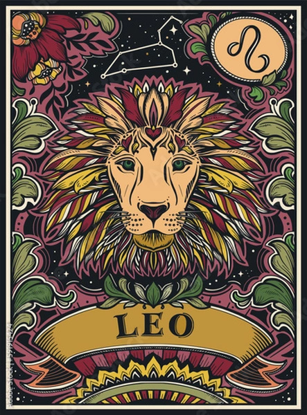 Fototapeta Beautiful colorful pre-made card with Leo zodiac sign illustration and flowers in ornate victorian style.