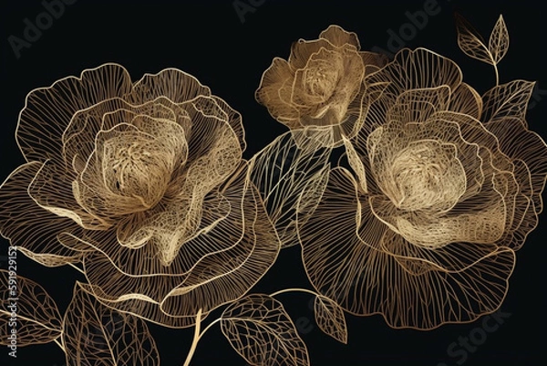 Fototapeta An elegant and luxurious illustration featuring a background with gold flowers made of thin golden lines on a dark background, creating a delicate floral texture. Ai generated