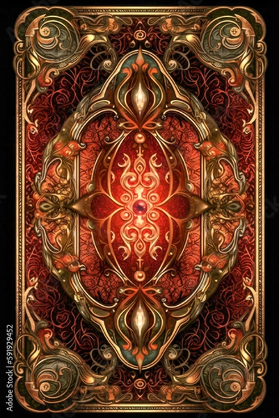 Fototapeta Ornamental fantasy card deck back design with gems and gold filigree made with Generative AI
