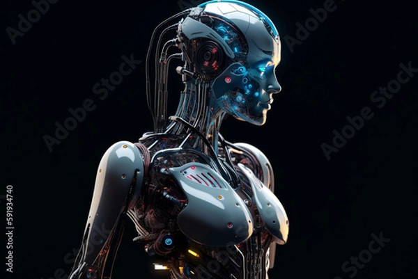 Fototapeta Robot girl isolated on black background. The concept of artificial intelligence, technology. Cyborg woman. Female android. Copy space. Scientific progress. ai generated