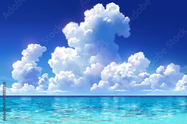 Obraz 青空　入道雲　海　背景イラスト