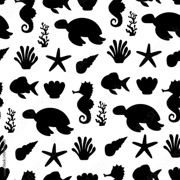 Obraz Seamless pattern sea animals silhouette vector illustration