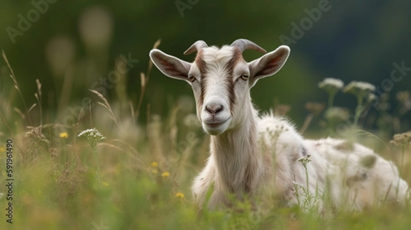 Fototapeta White goat on a meadow photo with generative ai technology