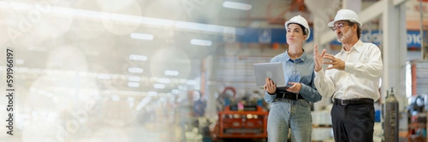 Fototapeta Web Banner A new generation of engineers in a metal sheet factory.  Studying work methods from supervisors or colleagues and studying by yourself  be taught professionally