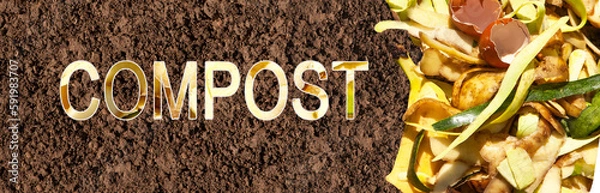 Fototapeta Compost and composted soil. Organic waste for composting on the soil. Composting of leftover organic products. Natural fertilizer. copy space.