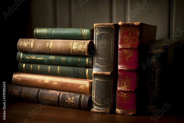 Fototapeta Old vintage books n bookshelf, education projects, Generative AI