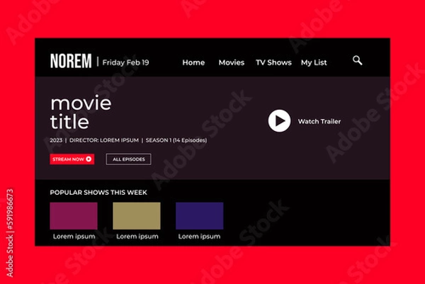 Fototapeta Movie player app on Laptop screen. Netflix. UI. UX. User interface user experience. Youtube